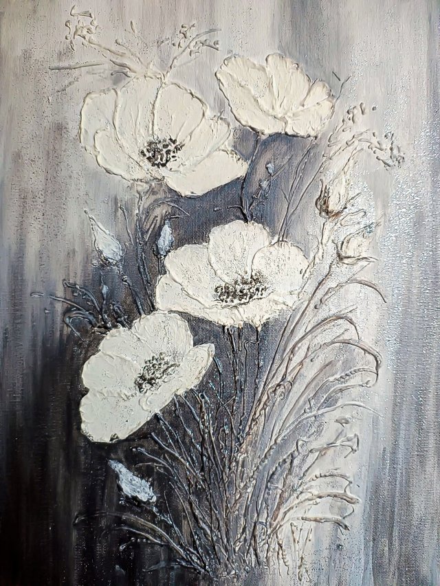 WYJĄTKOWY OBRAZ STRUKTURALNY Z TEKSTURĄ 3D "BIAŁE MAKI"