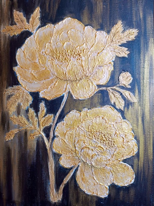 WYJĄTKOWY OBRAZ STRUKTURALNY Z TEKSTURĄ 3D "ZŁOTE PIWONIE"