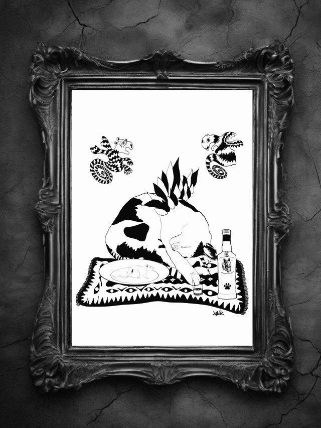 Czarno-biały surrealistyczny plakat z kotem A3 - The Afterparty | Upadek K-Kota & Halucynacje