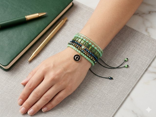 Bransoletka Zestaw 5 Bransoletek Beaded Green - Zieleń i Granat z Personalizowaną Literką