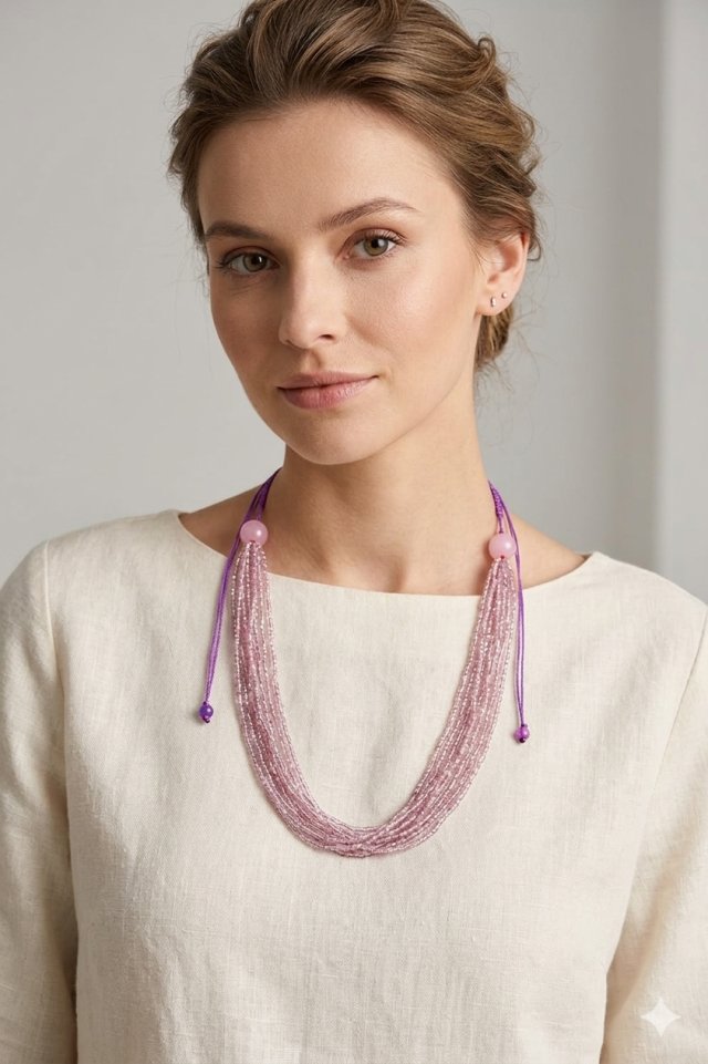 Naszyjnik elegancki, wielowarstwowy z różowych nude koralików