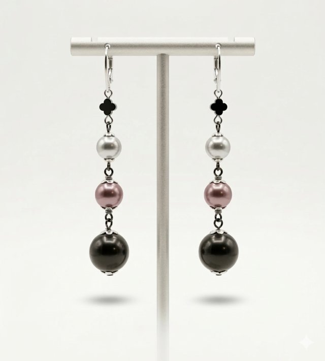 Kolczyki Wiszące 3 Perły Stal i Koniczynka Clover