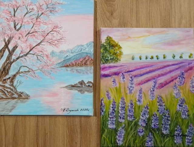 ZESTAW RĘCZNIE MALOWANYCH OBRAZÓW - DYPTYK "KWITNĄCA WIŚNIA I LAWENDA"