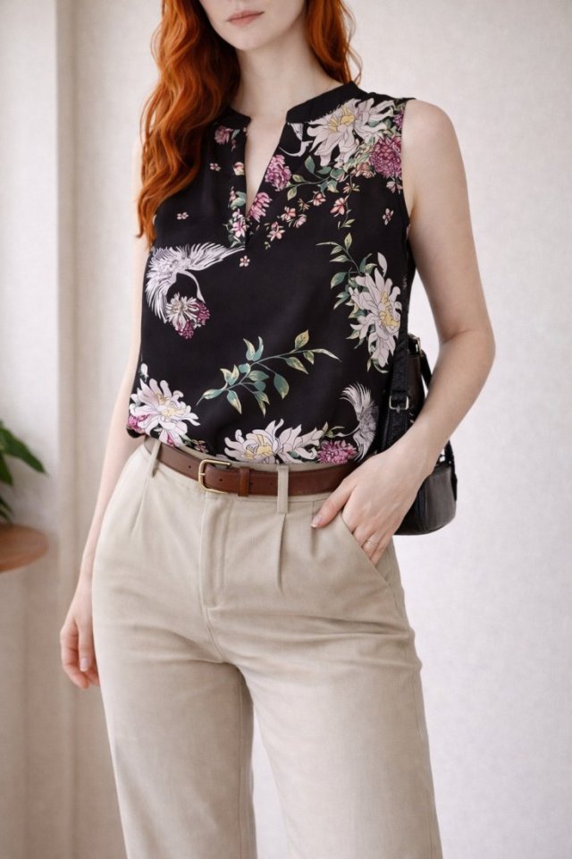 Czarna bluzka na lato 100 wiskoza w kwiaty i żurawie.