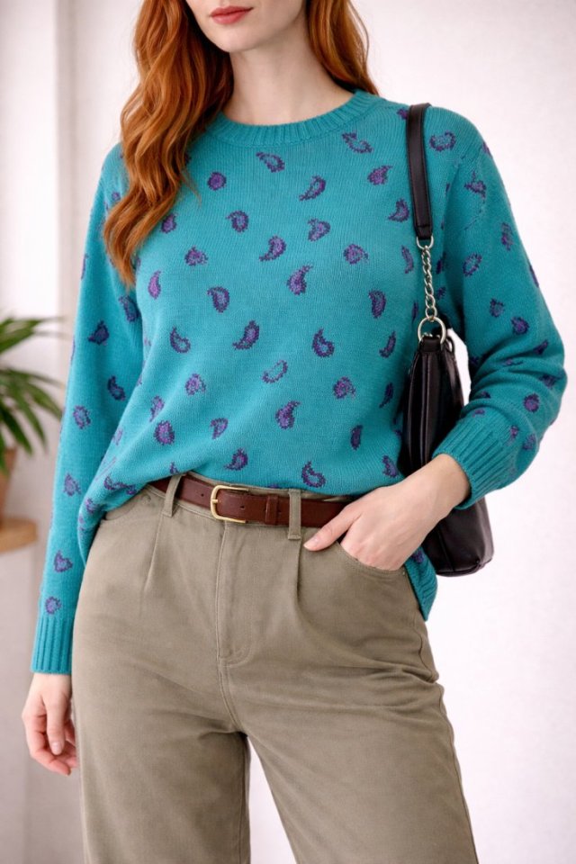 True Vintage Niebieski sweter w fioletowe wzory Turkusowy 90s Pinterest