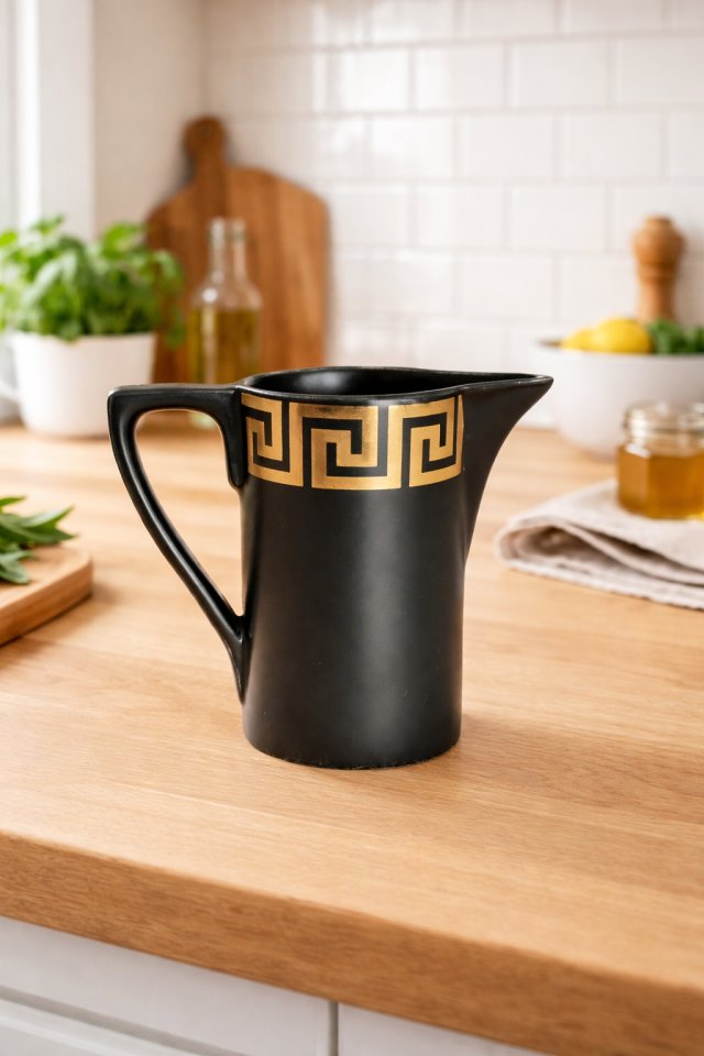 Elegancki czarny dzbanuszek ceramiczny ze złotym ornamentem – styl vintage / glamour