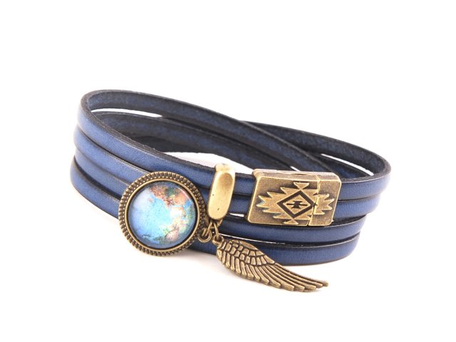 skórzana niebieska bransoletka z globusem i zapięciem magnetycznym