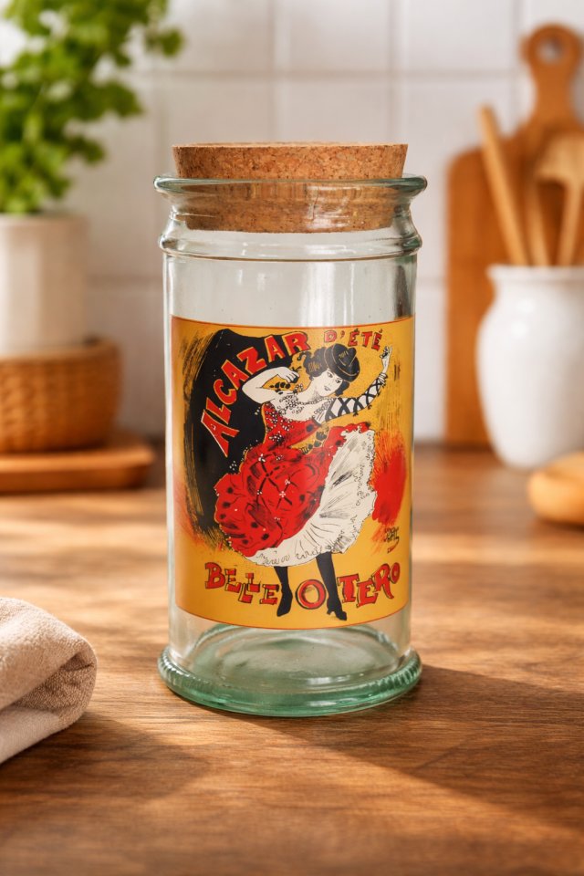 Szklany słoik vintage z korkiem – styl retro Belle Époque, dekoracyjny