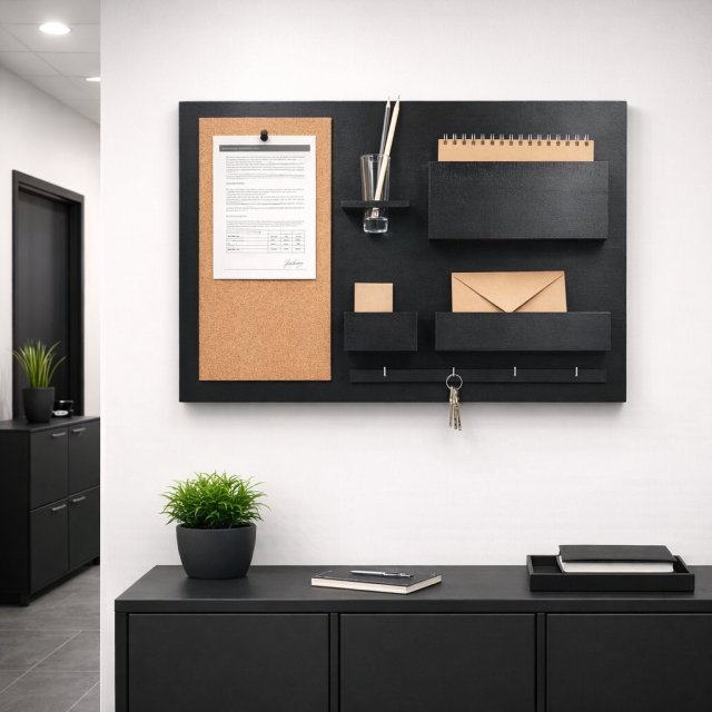 Organizer ścienny z tablicą korkową | Czarny organizer do przedpokoju