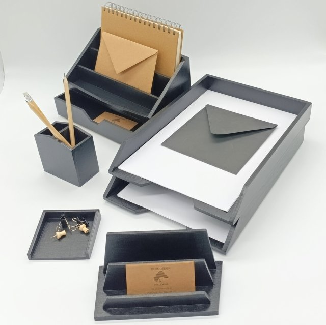 Zestaw drewnianych przyborników na biurko, 6 elementów, czarny