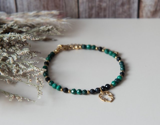 Bransoletka MONSTERA - malachit, turmalin czarny i liść monstery