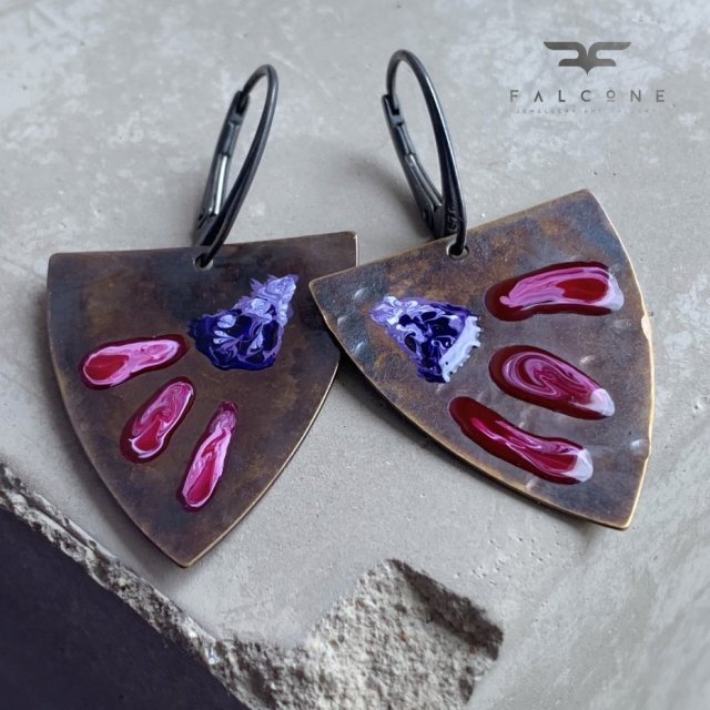 Kolczyki Triangle with Exotic Flowers - Ruby & Purple