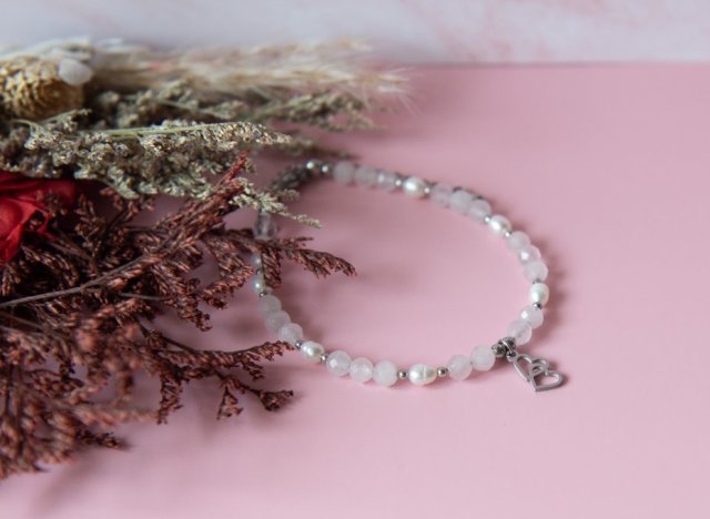 Bransoletka HEARTS z kamieni - kwarc różowy i perła słodkowodna