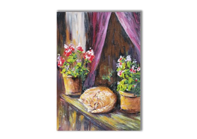 Kotek i pelargonia. Obraz ręcznie malowany.