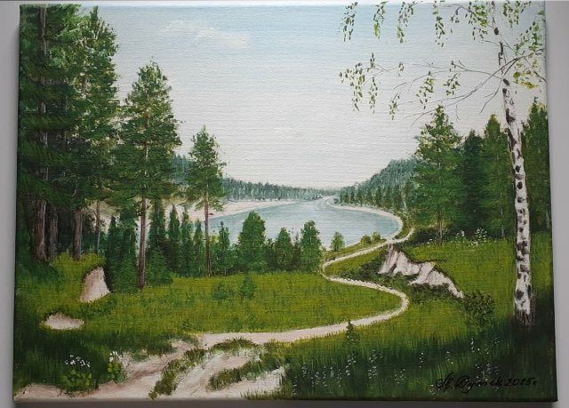 PEJZAŻ AKRYLOWY RĘCZNIE MALOWANY NA PŁÓTNIE "W SINĄ DAL" - 30x40cm