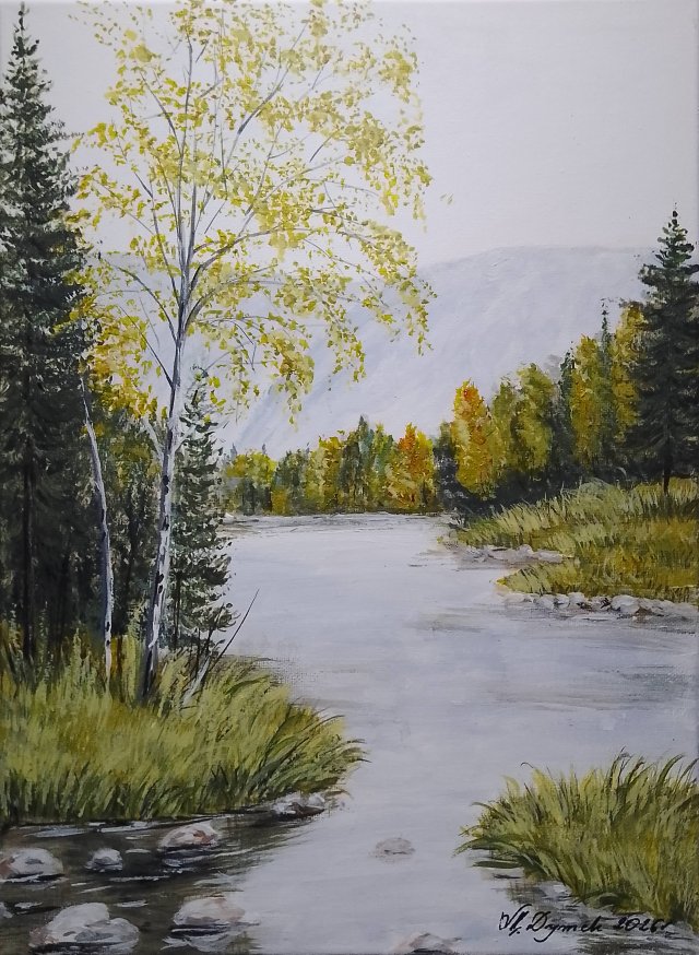 PEJZAŻ AKRYLOWY RĘCZNIE MALOWANY NA PŁÓTNIE "W ZŁOTAWYCH SITOWIACH" - 40x30cm