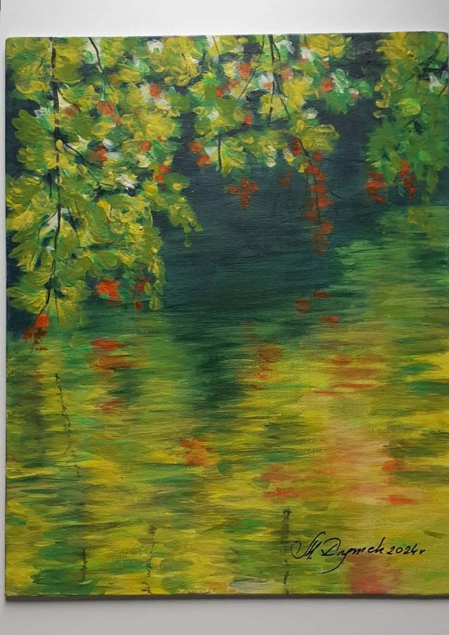 PEJZAŻ AKRYLOWY RĘCZNIE MALOWANY NA PŁÓTNIE "REFLEKSY SCHYŁKU LATA" - 30x24cm