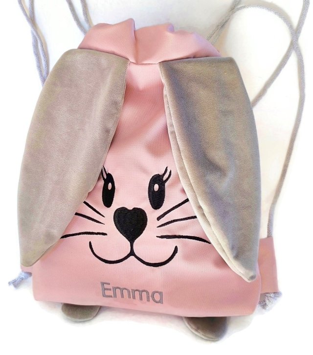 Jasno różowy worek z imieniem do przedszkola szare uszy zając