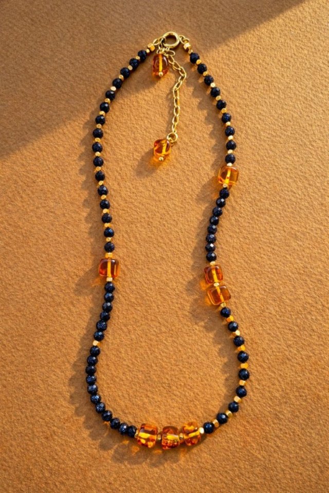 Naszyjnik Noc Kairu z bursztynów, nocy kairu i srebra