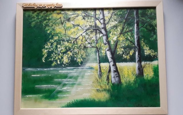 GOTOWY ZESTAW DO DOMU LUB NA PREZENT - RĘCZNIE MALOWANY OBRAZ "BRZOZOWYM PRZESMYKIEM" Z RAMĄ I MOTTO