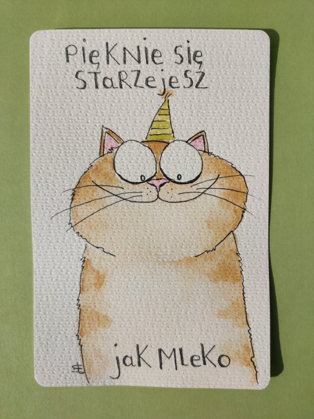 Ręcznie malowana kartka urodzinowa kot handmade