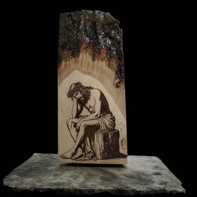 Ikona Grawerowana | Chrystus Frasobliwy na lipowej desce | Prezent | Bieszczady