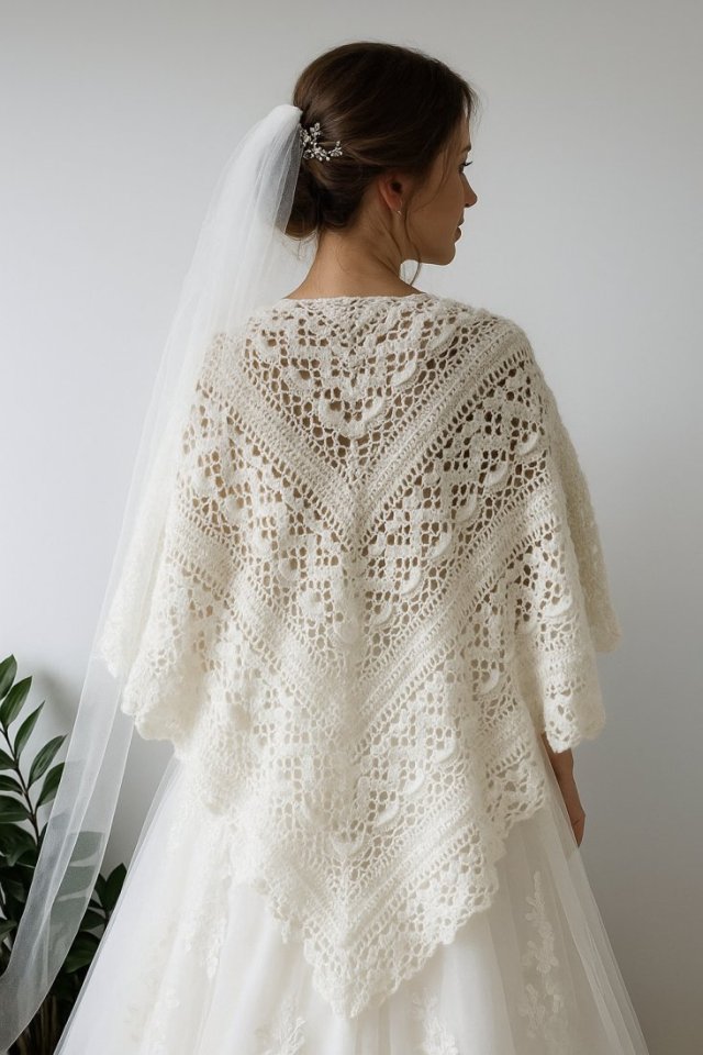 Ozdobna biała chusta ślubna Klaziena ręcznie robiona z merino