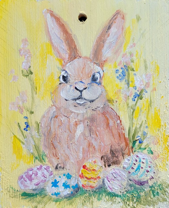 Ręcznie malowana deseczka wielkanocna - uroczy zajączek i pisanki