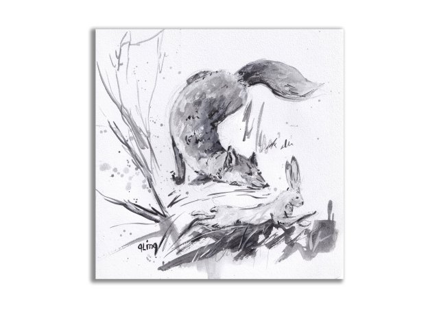 Lis i zając. Grafika ręcznie malowana