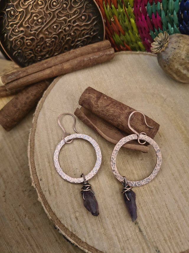 Kolczyki miedziane koła z Ametystem