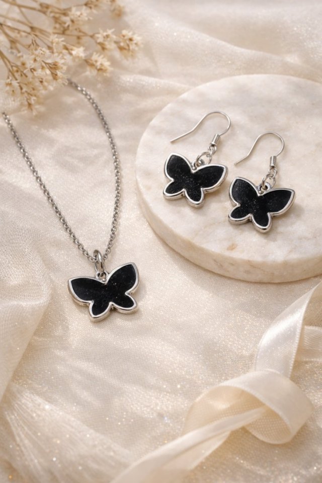 Czarny Motyl - Naszyjnik + Kolczyki