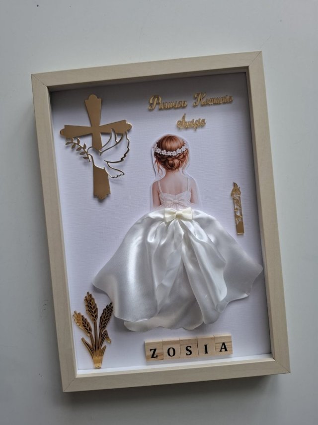 Ramka Komunijna 3D Personalizowana Prezent na Komunię Dziewczynka