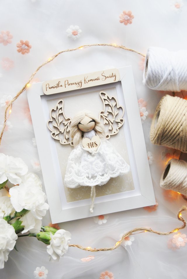 Pamiątka na komunię dla dziewczynki | Anioł Stróż w ramce | I Komunia