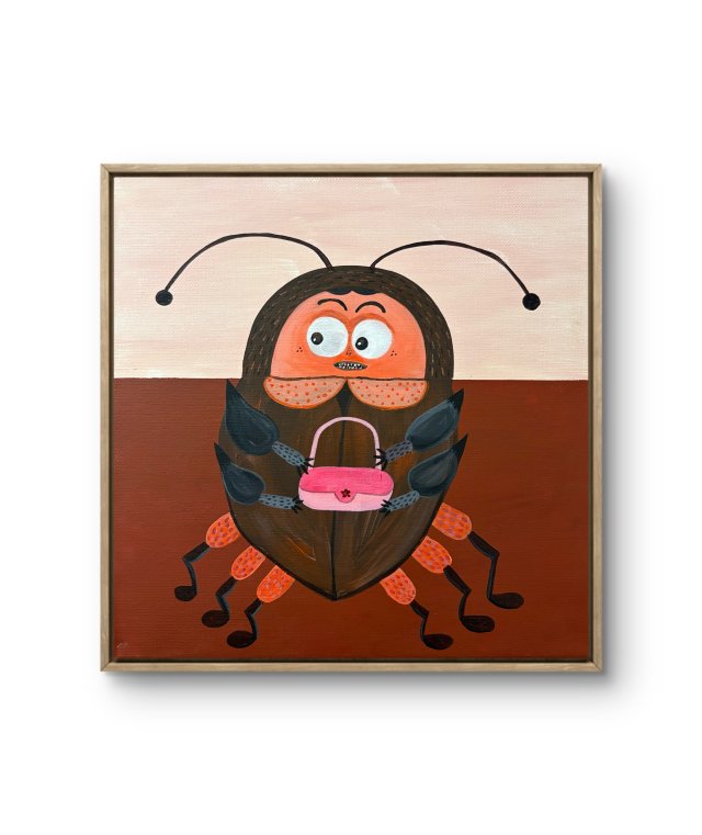 Obraz na płótnie 30x30 cm. "Mały karaluch z różową torebką".