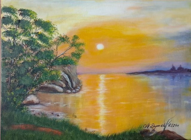 KLASYCZNY PEJZAŻ RĘCZNIE MALOWANY PRZEDSTAWIAJĄCY ZACHÓD SŁOŃCA NAD WODĄ "SŁOŃCE W POMARAŃCZU" - 30x40cm