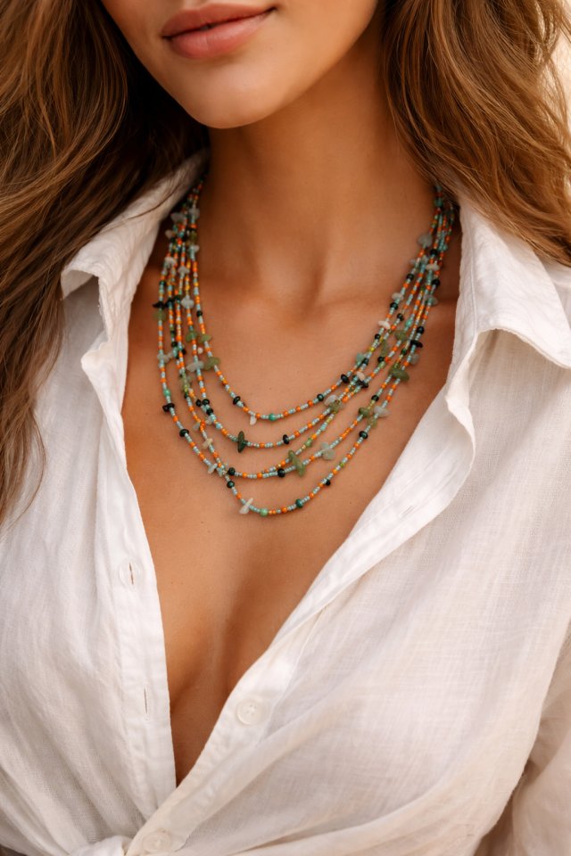 Naszyjnik Boho - Sieczka Kamieni Naturalnych i Szkła z Zapięciem Makramowym