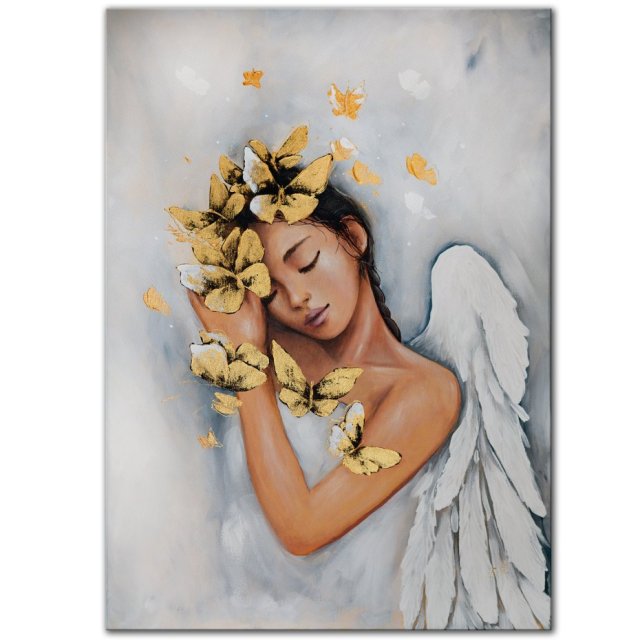 100% Ręcznie malowany Anioł na płótnie - 50x70 cm -"Motyle"