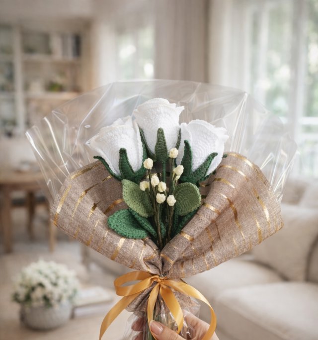 Bukiet szydełkowych białych róż – elegancki, trwały prezent handmade