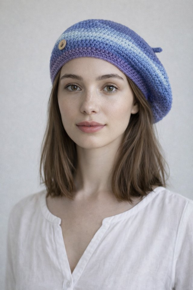 Wiosenny beret damski z antenką ręcznie robiony bawełna uniwersalny
