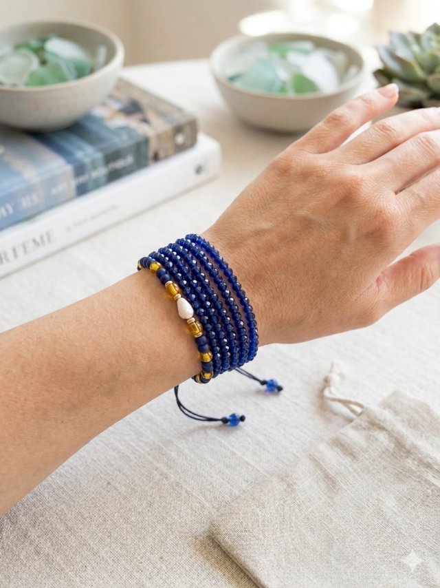 Bransoletka Boho z Naturalną Muszlą i Lapis Lazuli Koraliki Szklane - Handmade