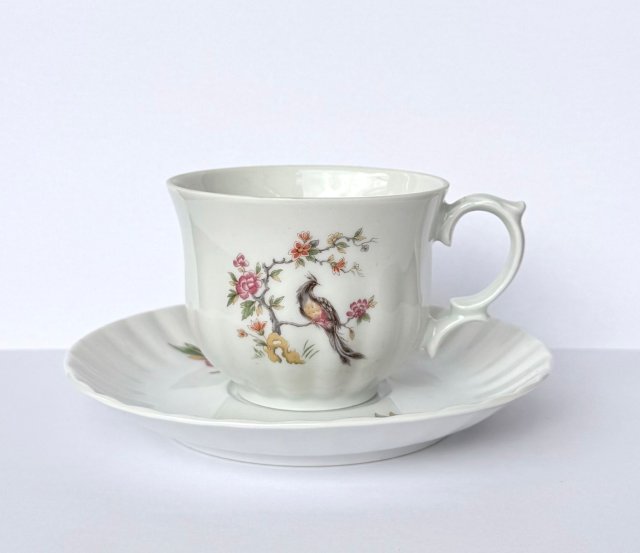 Filiżanka vintage Retsch Western Germany lata 50-60 XX w motyw ptaka i kwiatów Mid-Century Modern