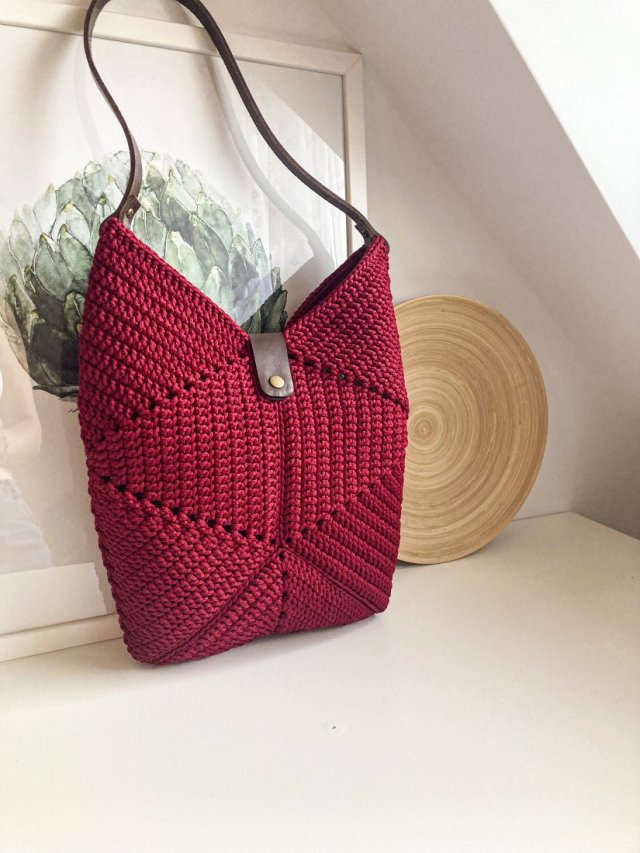 Bordowa torebka handmade na ramię – duża torba ze sznurka, styl boho