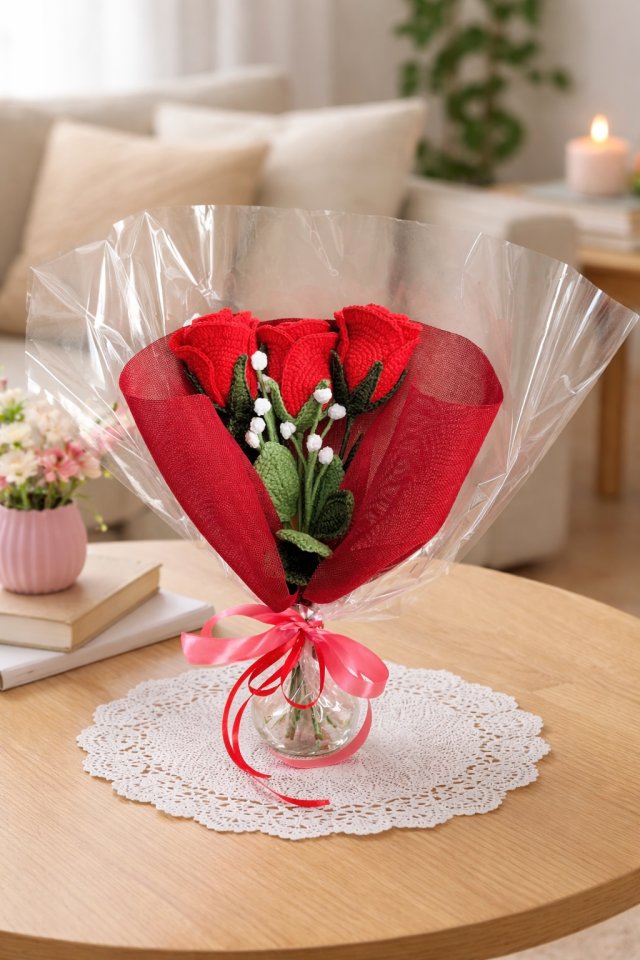 Bukiet 3 szydełkowanych róż – trwały prezent