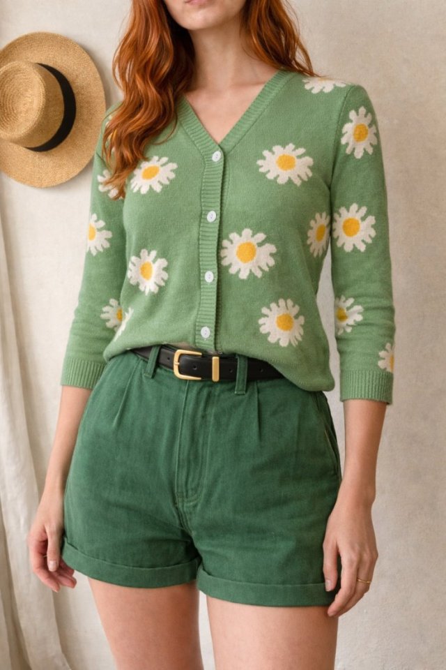 Zielony kardigan w stokrotki Cottage sweter kwiaty słodki