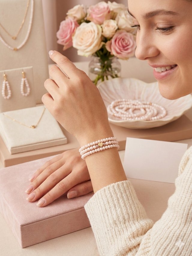 Bransoletka z pudrowych koralików ze złotym sercem - potrójna, subtelna elegancja