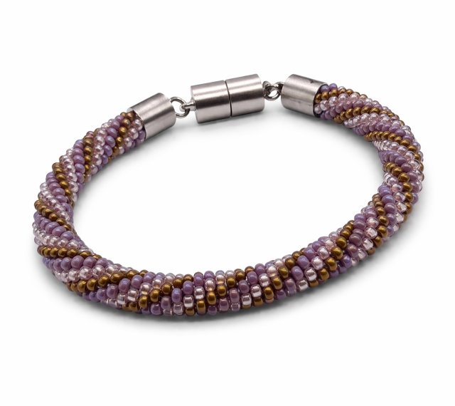 Bransoletka Sznur Koralikowy - Spiralny Wzór Fiolet i Złoto - Zapięcie Mag