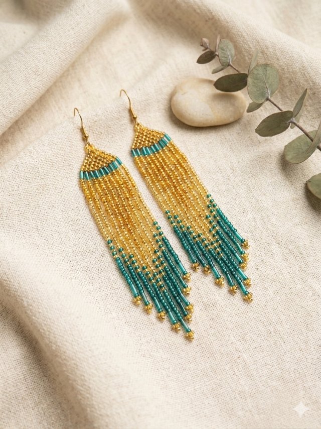 Długie kolczyki boho z koralików - Złoty blask i morski turkus