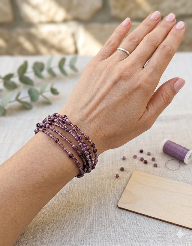 Wielowarstwowa Bransoletka z Fioletowych Koralików - Subtelna Elegancja