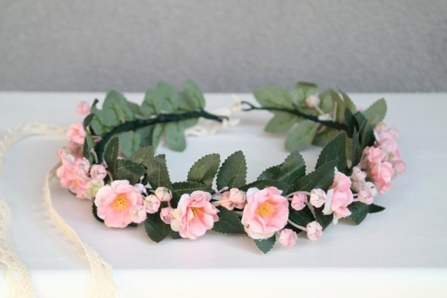 Dzika róża – wianek komunijny ślubny pudrowy róż boho