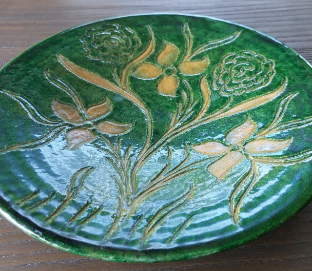 Ceramiczny talerz ścienny zielony handmade  vintage  lata 70-te